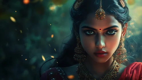 Digital portrait of woman in ornate traditional jewelry.