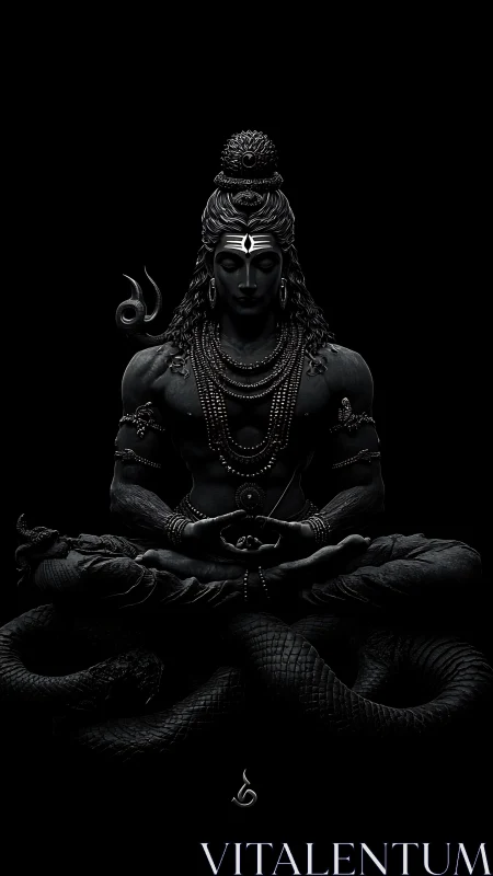 Divine meditative figure emerges from deep shadowed darkness.