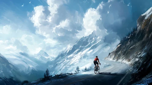 Alpine Descent: Cyclist Navigating Mountain Pass With Dramatic Cloud Formation