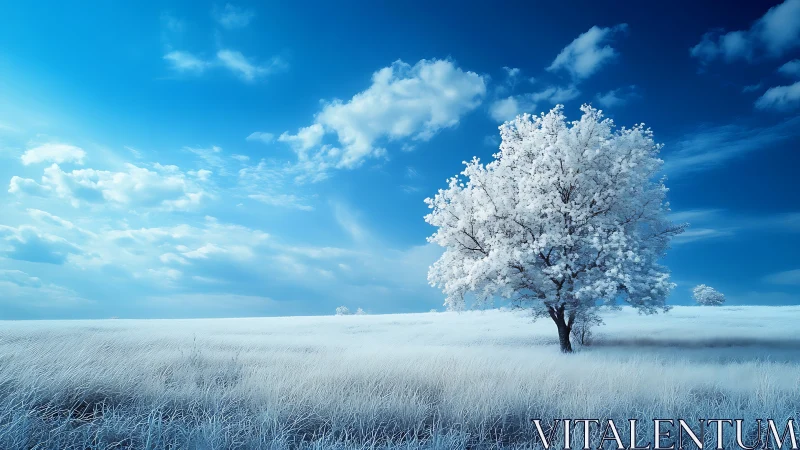 Solitary Snow-Covered Tree in Serene Winter Landscape, Photorealistic.