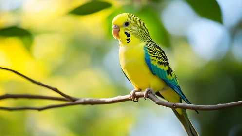 Colorful budgerigar perched on branch in vibrant natural light.