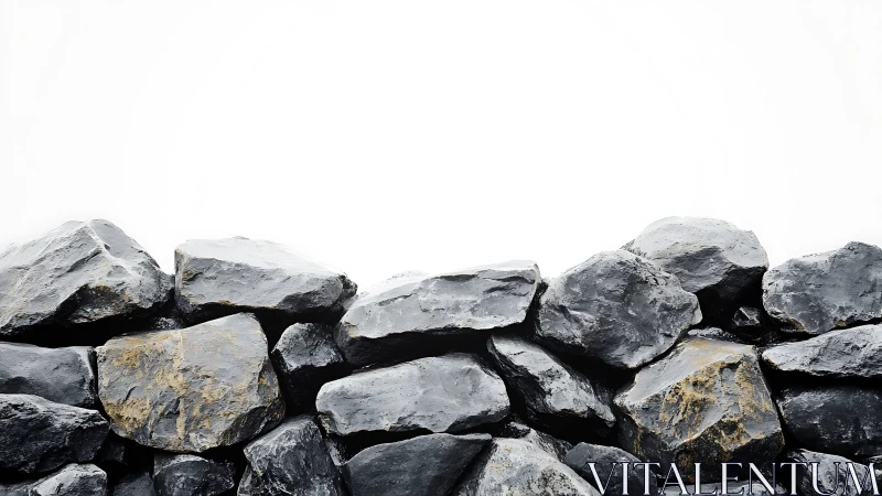 Dark basalt rock wall contrasts against clean white sky