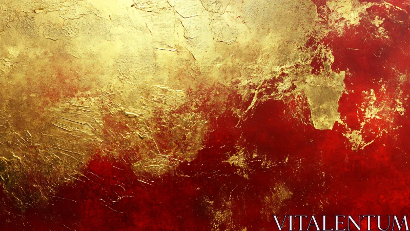 Textured crimson–gold stratification with metallic impasto dynamics.