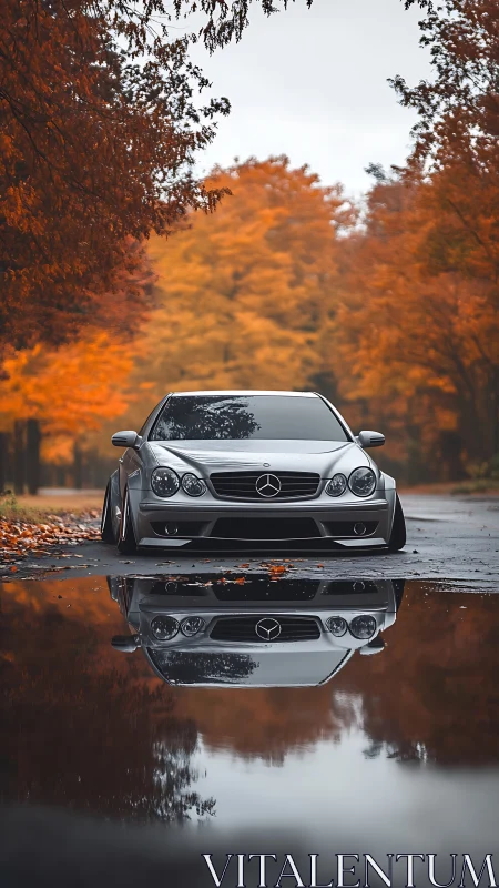 Silver coupe daydreams in mirrored autumn boulevard hush.