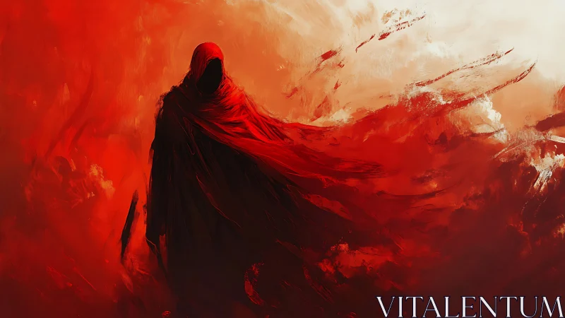 Scarlet cloaked wraith emerging through abstract crimson storm.