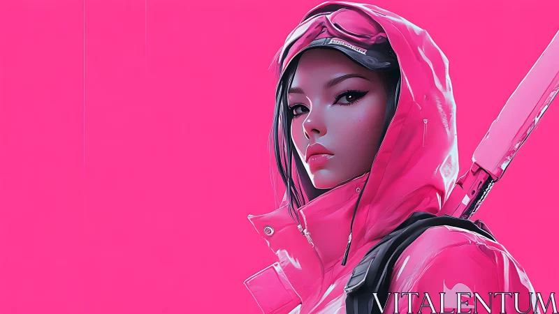 Neon tactical heroine in saturated magenta cyber-gear profile.