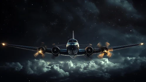 Vintage propeller aircraft cuts through stormlit night sky.