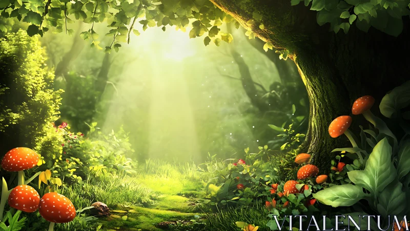 Enchanted Forest Glade with Luminous Canopy and Amanita Mushrooms.