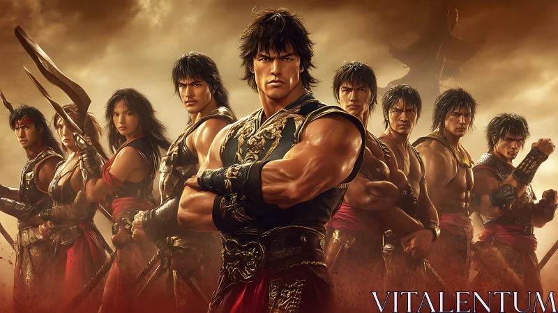 Martial warriors stand united in cinematic golden storm.