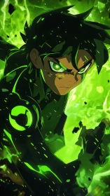 Neon green anime hero charging power amid energy storm.