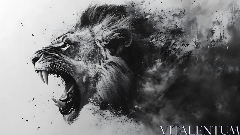 Roaring lion emerging from swirling shadows and splintered light.