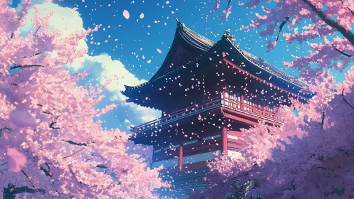 Traditional tiered pagoda stands among dense cherry blossoms