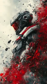 Futuristic armored figure amid fragmented red shards.