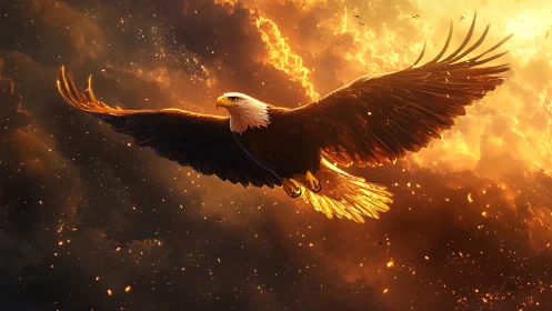 Majestic bald eagle soaring through fiery sunset skies, digital art.