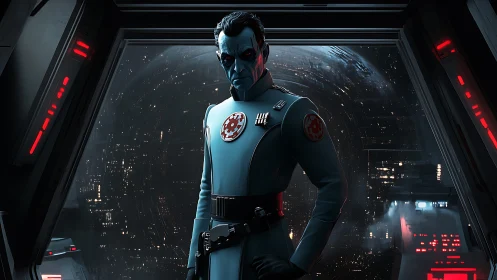 Blue-skinned officer oversees deep space battle from bridge