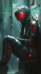 Cybernetic sentinel at rest in dim industrial corridor.