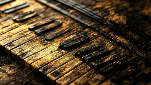 Burnished wooden piano keys glow with rich golden textures.