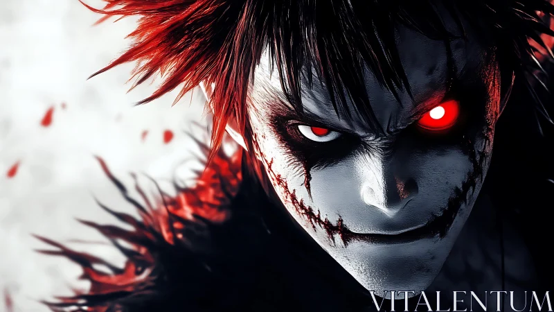 Sinister red-eyed demon with cracked monochrome mask face.