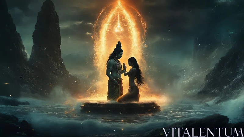 Divine couple kneels before radiant portal in stormy seascape