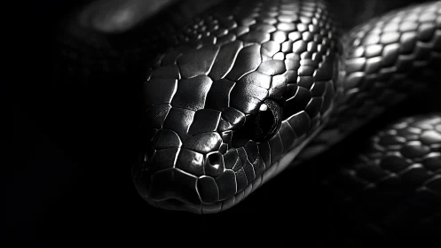 Glossy black snake head emerges from deep shadowed background