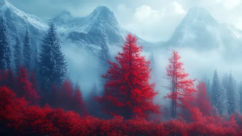 Crimson forest beneath misty blue snow mountains landscape.