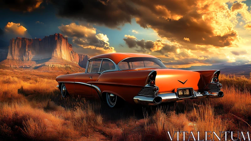 Classic orange car parked in dramatic desert sunset scene.