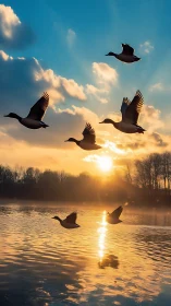 Golden lake sunrise with ducks gliding through quiet sky.