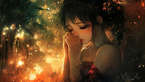Melancholic girl in warm bokeh field rendered as detailed digital painting