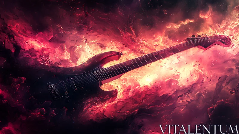 Electric guitar ignites through cosmic crimson firestorm.