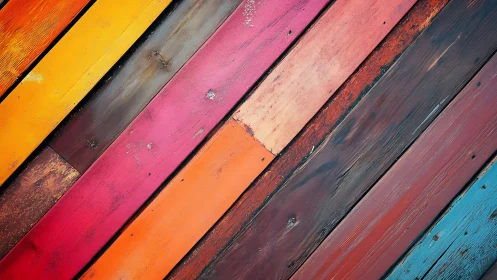 Diagonal multicolored wooden planks show surface wear patterns
