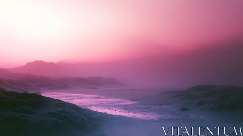 Pink misty shoreline under glowing sunrise light.