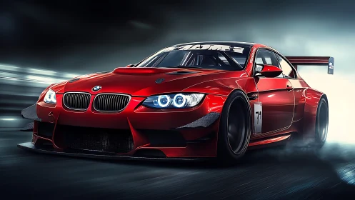 Red BMW GT race car in dynamic cornering motion at speed
