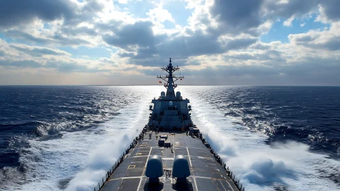 Guided missile destroyer creates symmetric wake under broken cumulus sky