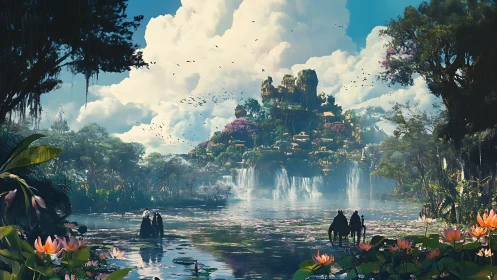 Ethereal Floating Citadel With Cascading Waterfalls And Verdant Canopy.