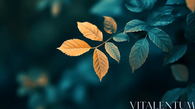 Golden leaf cluster on branch with teal blue bokeh background, digital art.