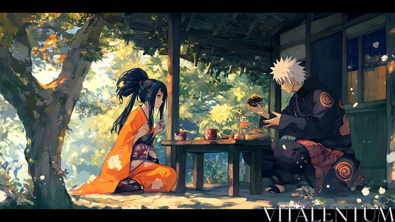 Two anime characters share quiet outdoor meal at table.