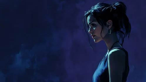 Quiet midnight portrait of a thoughtful girl in blue light.