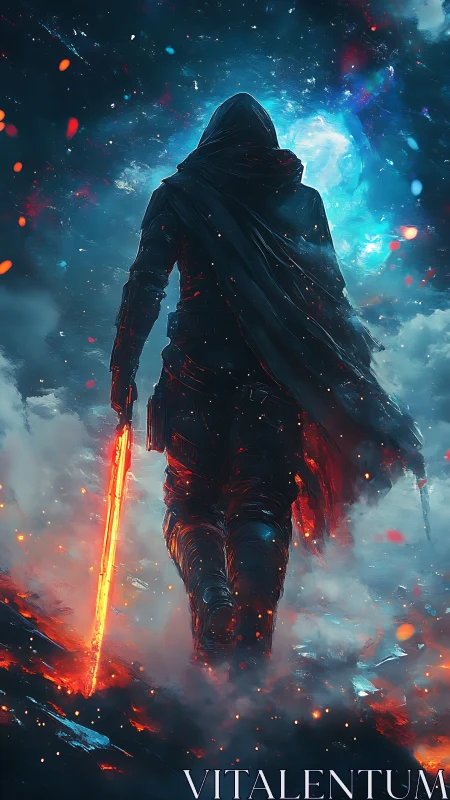 Hooded wanderer strides through cosmic embers and stormlight.