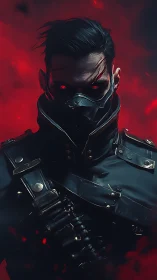 Cyberpunk enforcer portrait in red-void vertical framing.