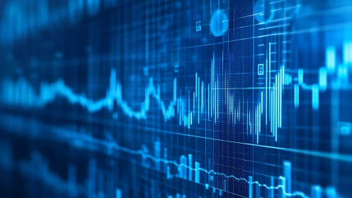 Electric heartbeat of data markets across neon-blue grids.