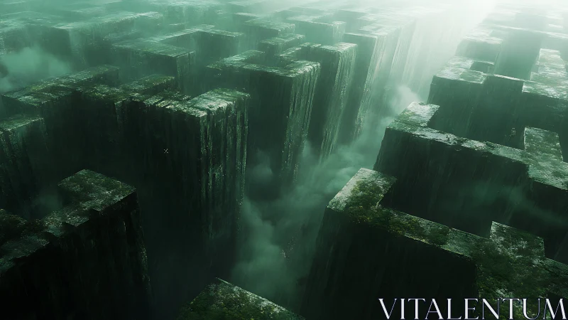 Endless emerald labyrinth sinks into mist-drowned depths