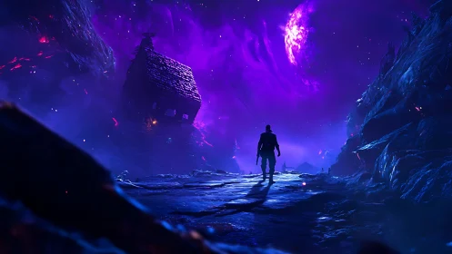 Lone wanderer walks beneath a glowing violet alien sky.