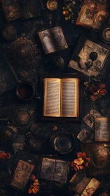 Aged illuminated books arranged in radial dark tabletop composition