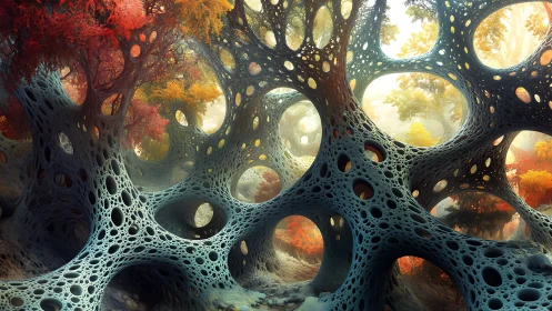 Dreamy organic forest woven with delicate lattice arches.