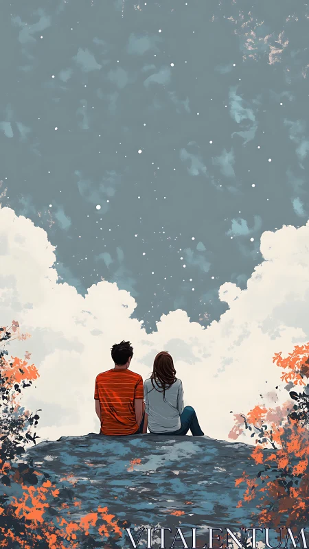 Two figures contemplate starlit sky from elevated vantage point.