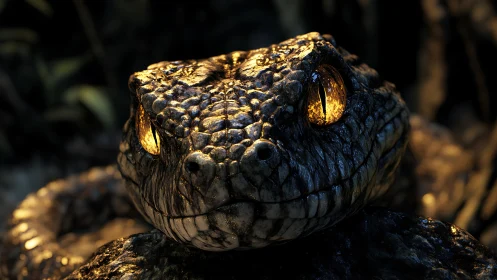 Golden-eyed serpent coil under dramatic low-key light.