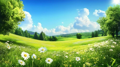 Sunlit wildflower meadow with rolling green hills and trees.