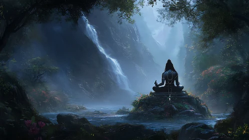 Mystic yogi silhouette meditating before misty forest falls.