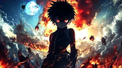 Backlit anime antihero stands amid explosive, high-contrast sky