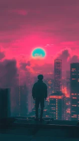 Quiet rooftop dreamer beneath a neon pink city sky.